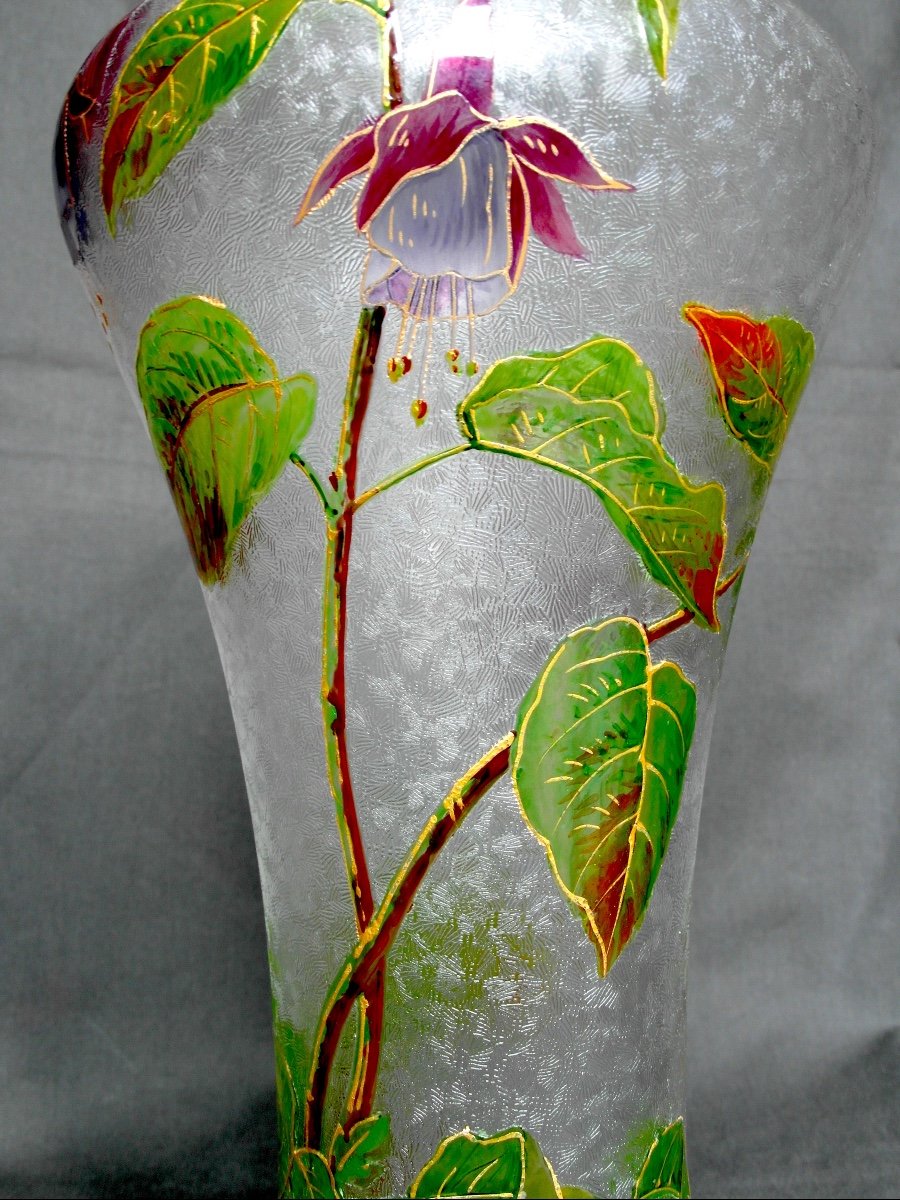 Superb Baccarat Vase With Fuchsia Decor, Acid Etched, Daum Galle Era 1900-photo-7