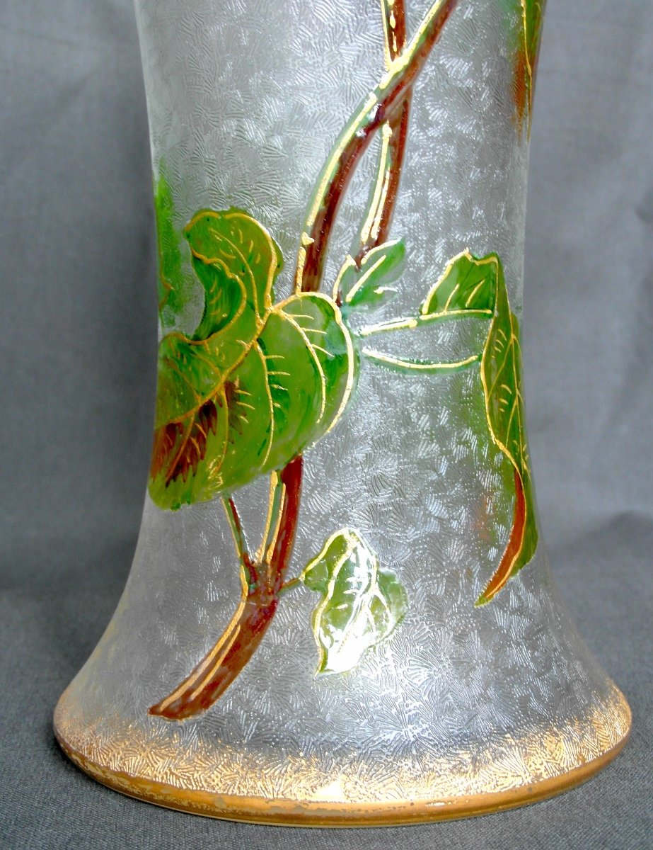 Superb Baccarat Vase With Fuchsia Decor, Acid Etched, Daum Galle Era 1900-photo-8