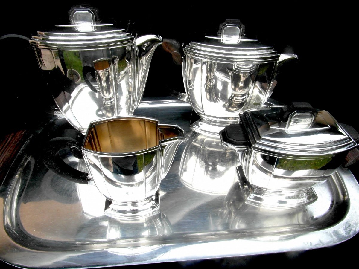 Superb Art-deco Tea And Coffee Service By Ravinet d'Enfert, 5 Pieces, Circa 1925, Silver-plated Metal-photo-2