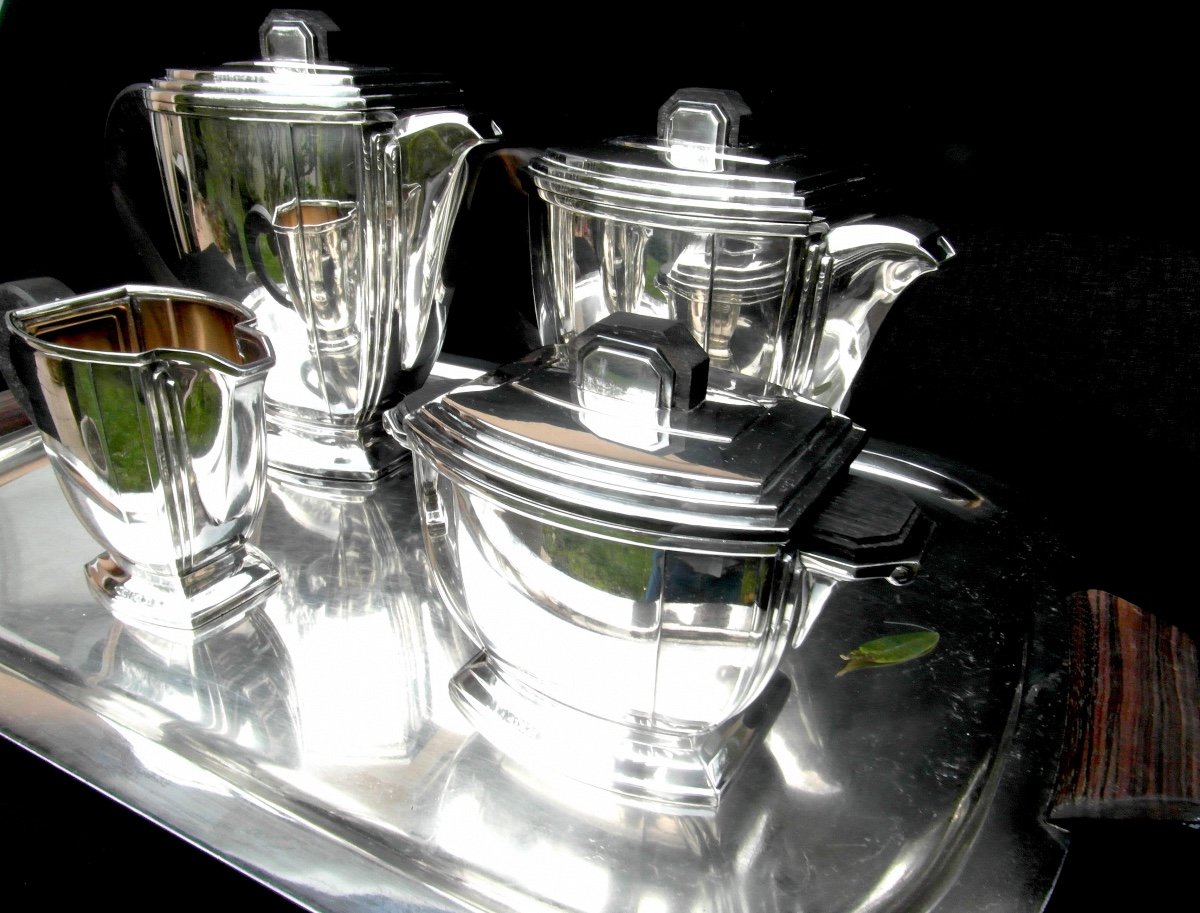 Superb Art-deco Tea And Coffee Service By Ravinet d'Enfert, 5 Pieces, Circa 1925, Silver-plated Metal-photo-3