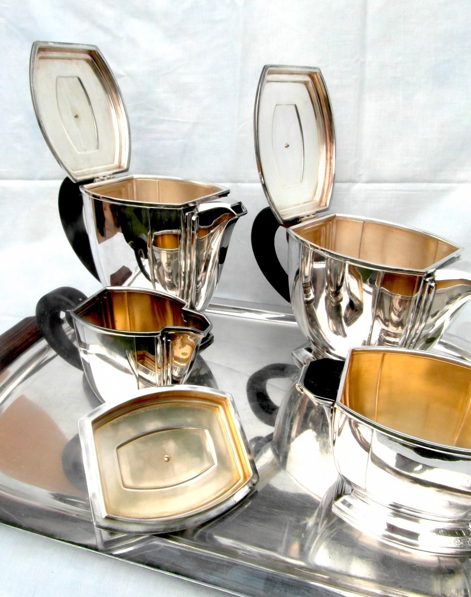 Superb Art-deco Tea And Coffee Service By Ravinet d'Enfert, 5 Pieces, Circa 1925, Silver-plated Metal-photo-4