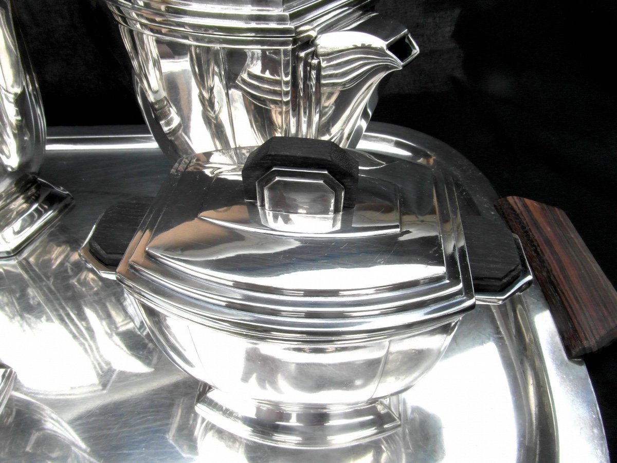 Superb Art-deco Tea And Coffee Service By Ravinet d'Enfert, 5 Pieces, Circa 1925, Silver-plated Metal-photo-1