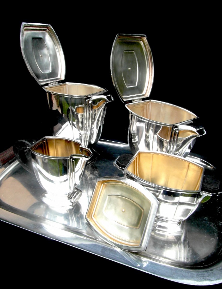 Superb Art-deco Tea And Coffee Service By Ravinet d'Enfert, 5 Pieces, Circa 1925, Silver-plated Metal-photo-2