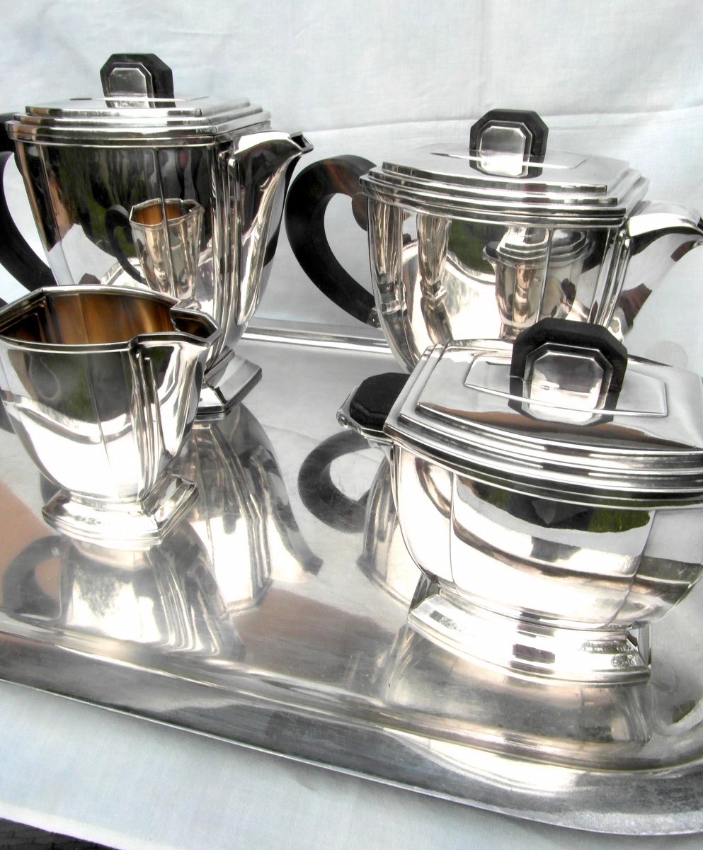 Superb Art-deco Tea And Coffee Service By Ravinet d'Enfert, 5 Pieces, Circa 1925, Silver-plated Metal-photo-4