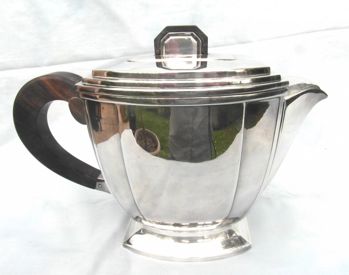 Superb Art-deco Tea And Coffee Service By Ravinet d'Enfert, 5 Pieces, Circa 1925, Silver-plated Metal-photo-6