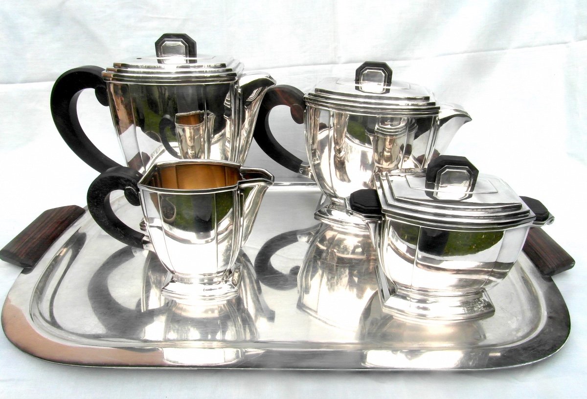 Superb Art-deco Tea And Coffee Service By Ravinet d'Enfert, 5 Pieces, Circa 1925, Silver-plated Metal