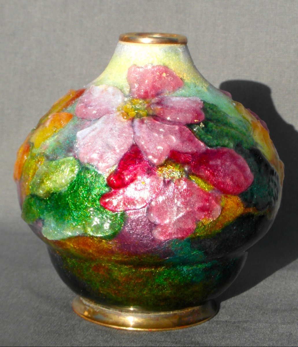 Beau Vase à Décor d'Ipomées En émaux De Limoges Par Camille Faure, Era Daum 1920 Art-déco-photo-2