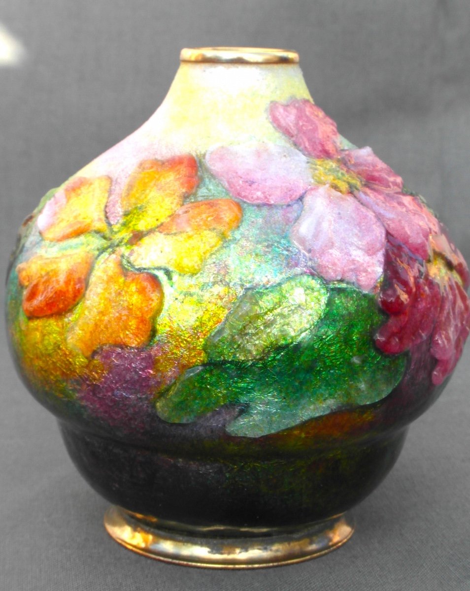 Beau Vase à Décor d'Ipomées En émaux De Limoges Par Camille Faure, Era Daum 1920 Art-déco-photo-3