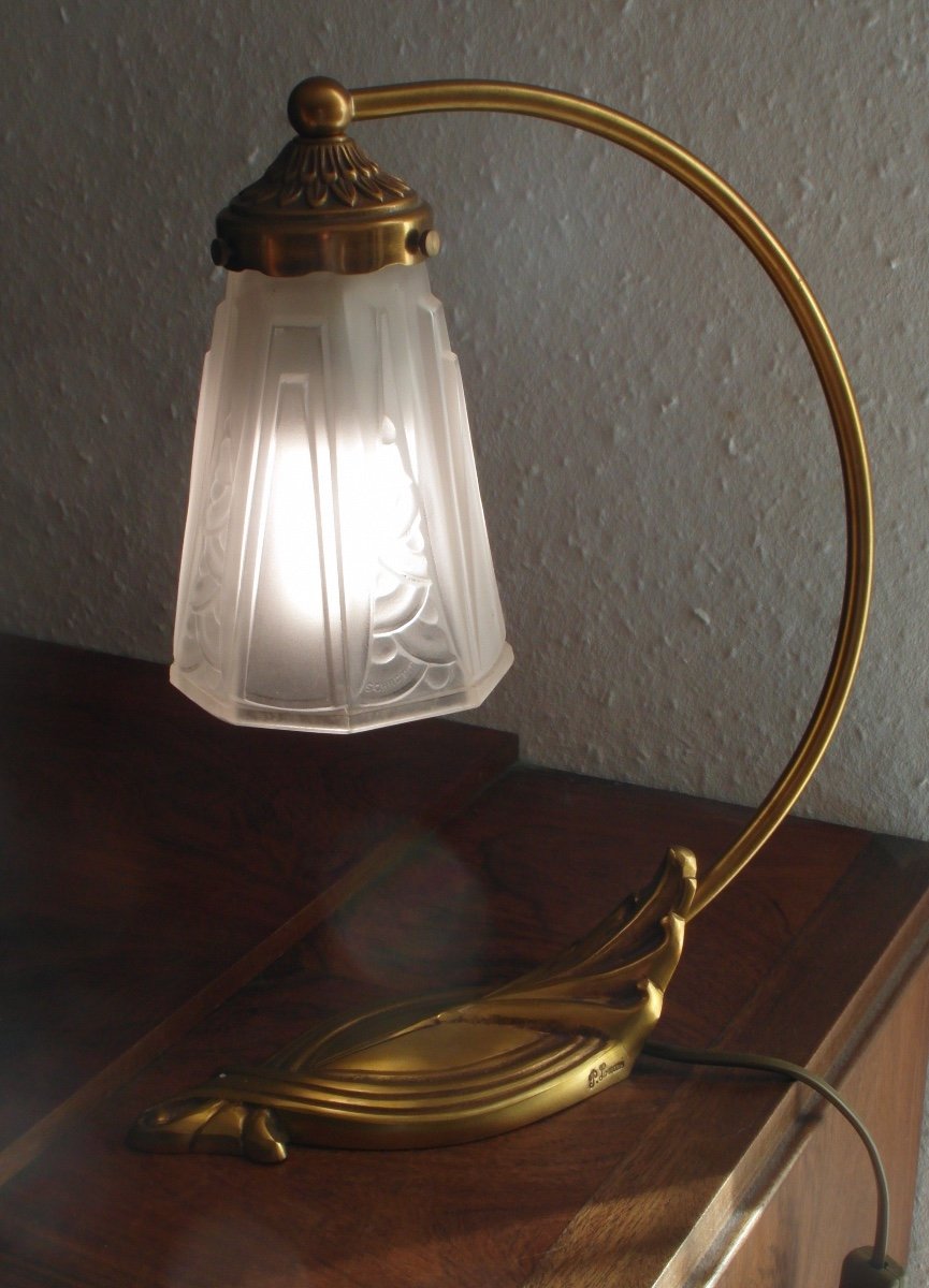 Belle Lampe Art-déco Avec Tulipe Schneider Et Pied De Lampe De P. Lucas, Era Daum Galle Muller-photo-2