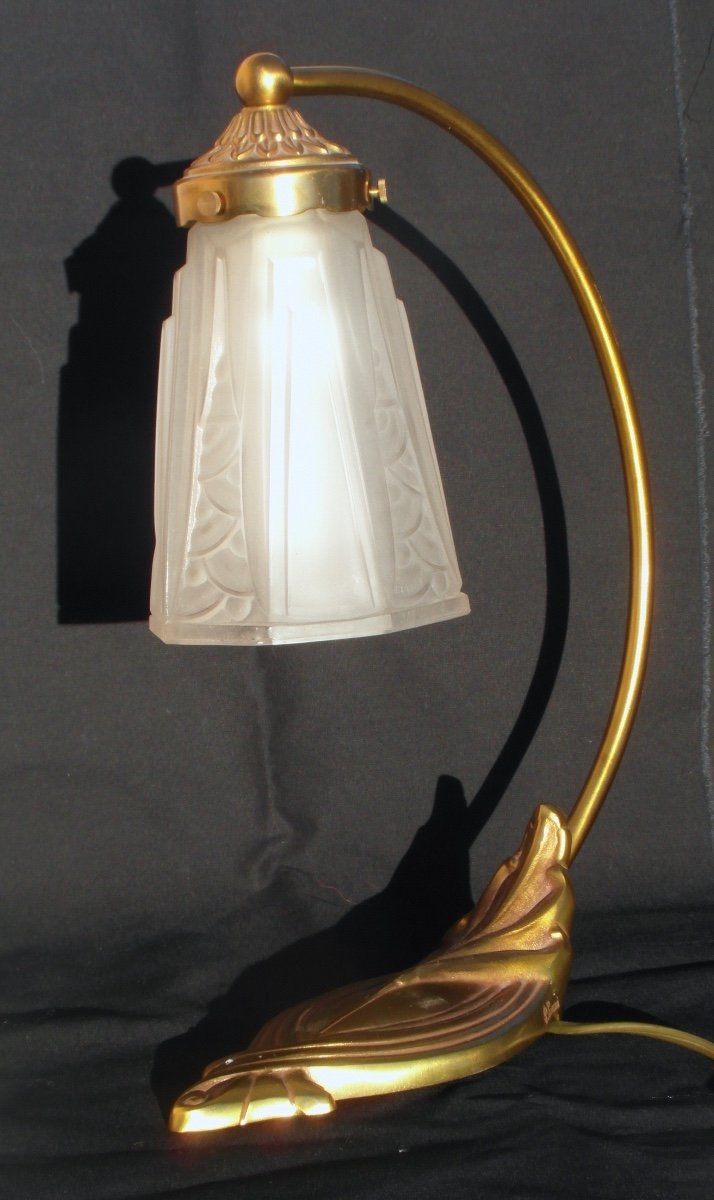 Belle Lampe Art-déco Avec Tulipe Schneider Et Pied De Lampe De P. Lucas, Era Daum Galle Muller-photo-3