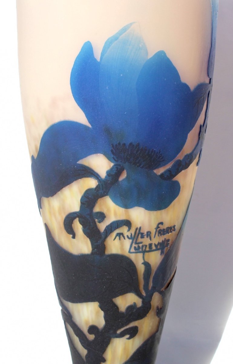 Beau Et Grand Vase Muller Aux Magnolias, 44 Cm,  Parfait, Vers 1910 Era Daum Galle-photo-4