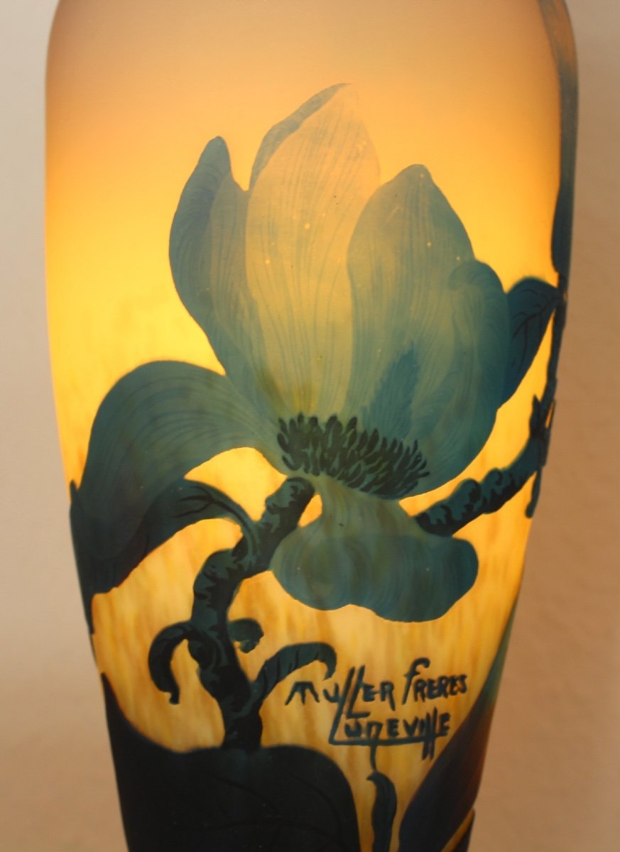 Beau Et Grand Vase Muller Aux Magnolias, 44 Cm,  Parfait, Vers 1910 Era Daum Galle-photo-5