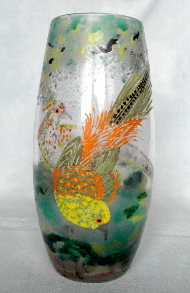 Rare And Beautiful Pheasant Vase By Paul Nicolas, By His Hand, Er Daum Galle -photo-2