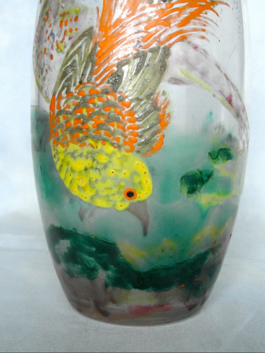 Rare And Beautiful Pheasant Vase By Paul Nicolas, By His Hand, Er Daum Galle -photo-3