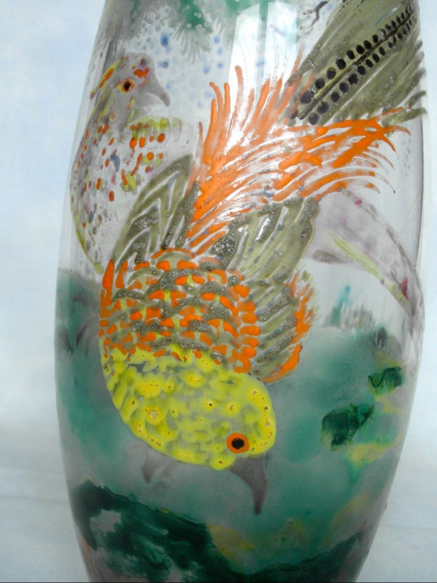 Rare And Beautiful Pheasant Vase By Paul Nicolas, By His Hand, Er Daum Galle -photo-4