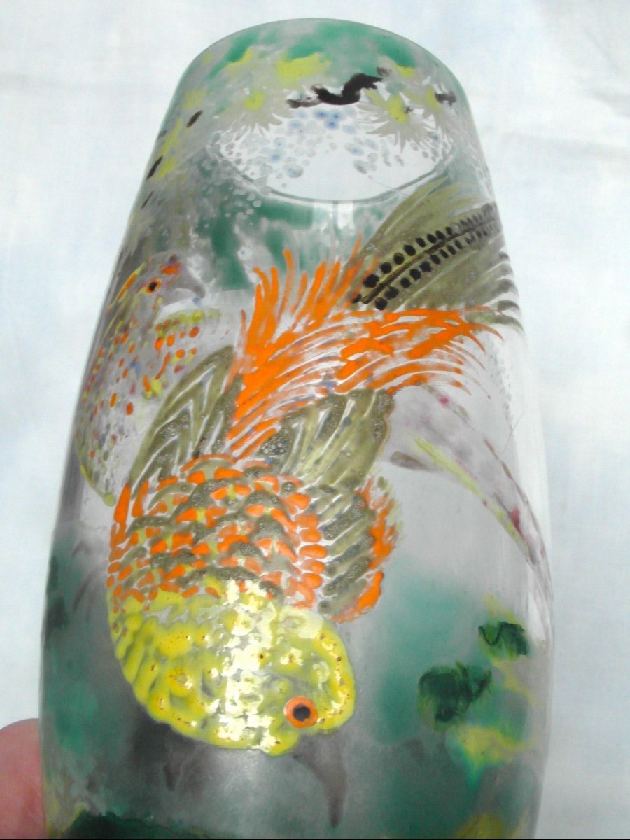 Rare And Beautiful Pheasant Vase By Paul Nicolas, By His Hand, Er Daum Galle -photo-3