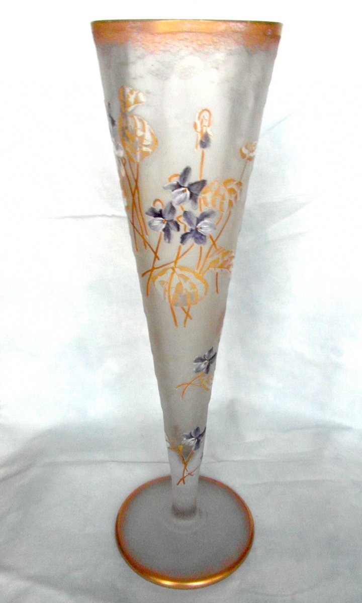  Grand Vase Cornet "violettes Aux Vents" Par Montjoye, 40 Cm, Parfait, Era Legras Daum 1900-photo-2