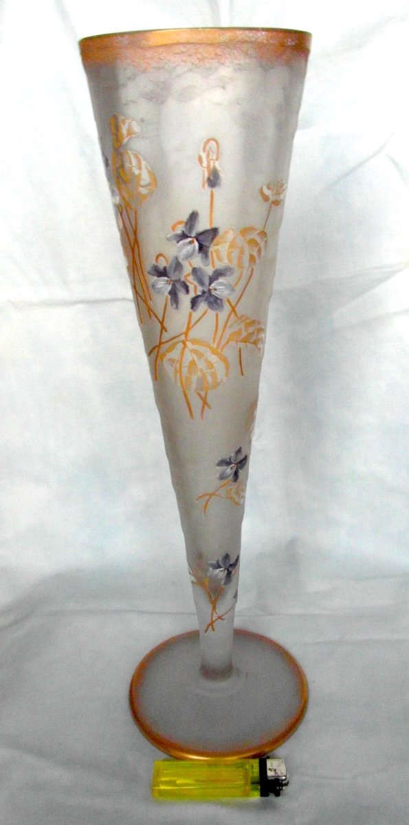  Grand Vase Cornet "violettes Aux Vents" Par Montjoye, 40 Cm, Parfait, Era Legras Daum 1900-photo-3