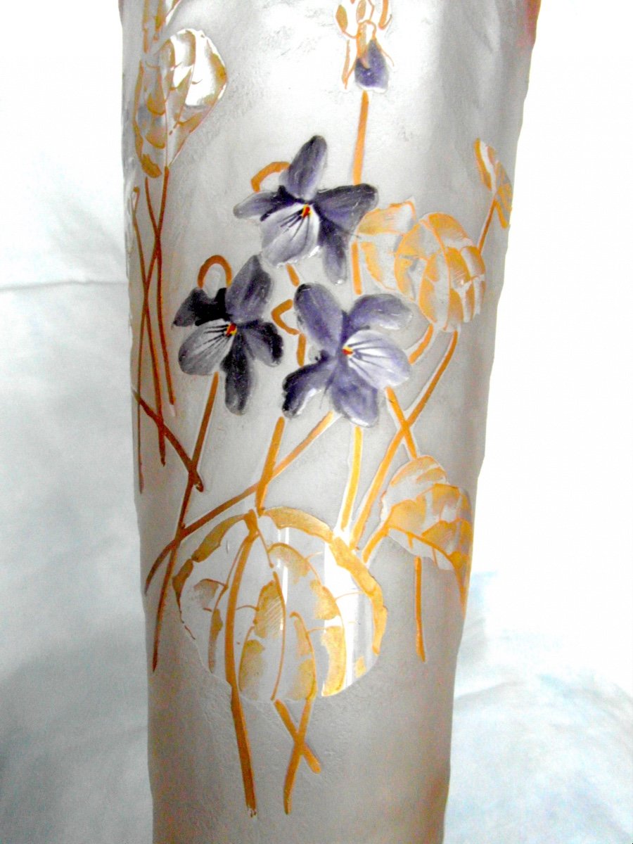  Grand Vase Cornet "violettes Aux Vents" Par Montjoye, 40 Cm, Parfait, Era Legras Daum 1900-photo-4