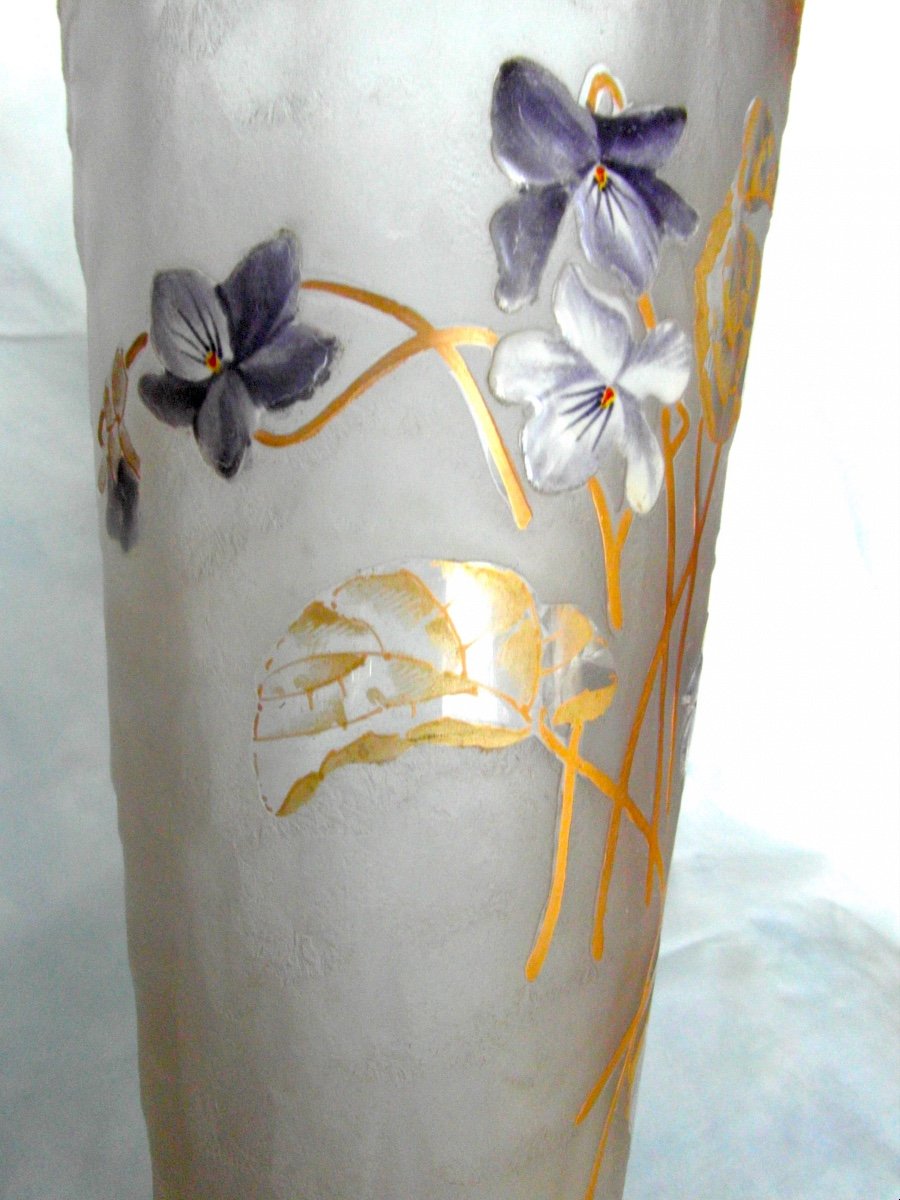  Grand Vase Cornet "violettes Aux Vents" Par Montjoye, 40 Cm, Parfait, Era Legras Daum 1900-photo-4