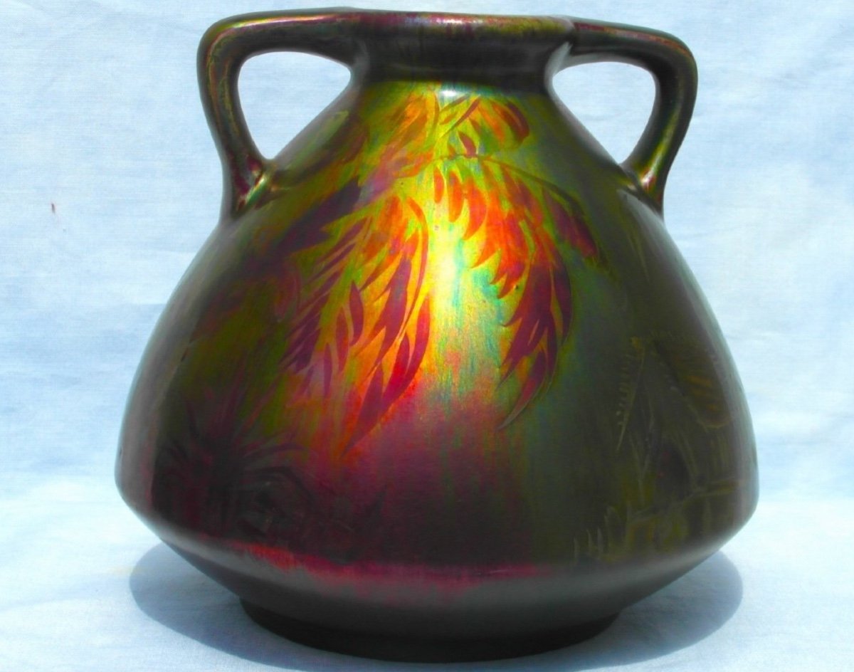 Beautiful And Rare Iridescent Montières Vase, "hut In The Jungle", Perfect, Massier Galle Era 1920-photo-3