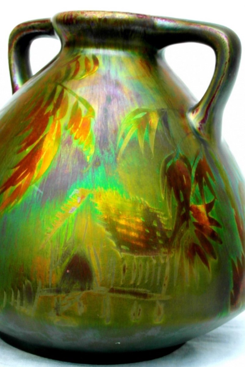 Beautiful And Rare Iridescent Montières Vase, "hut In The Jungle", Perfect, Massier Galle Era 1920