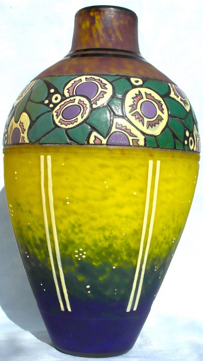 Beautiful Large Art Deco Vase With Stylized Flower Decor By Delatte, Daum Galle Era 1920-photo-2