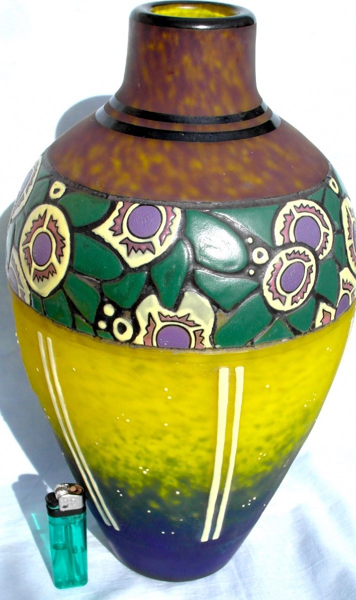 Beautiful Large Art Deco Vase With Stylized Flower Decor By Delatte, Daum Galle Era 1920-photo-3