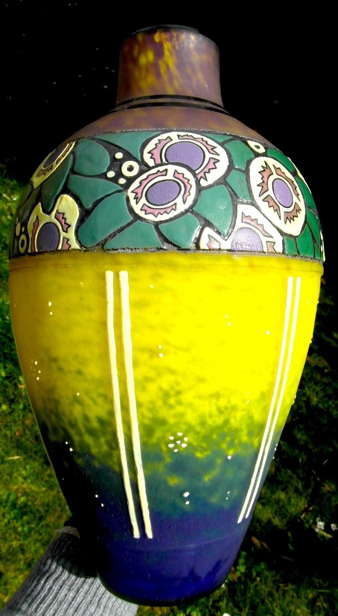 Beautiful Large Art Deco Vase With Stylized Flower Decor By Delatte, Daum Galle Era 1920-photo-4