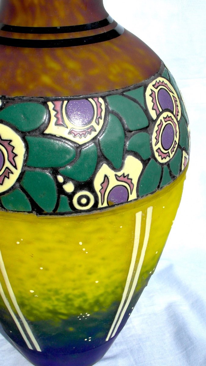 Beautiful Large Art Deco Vase With Stylized Flower Decor By Delatte, Daum Galle Era 1920-photo-1