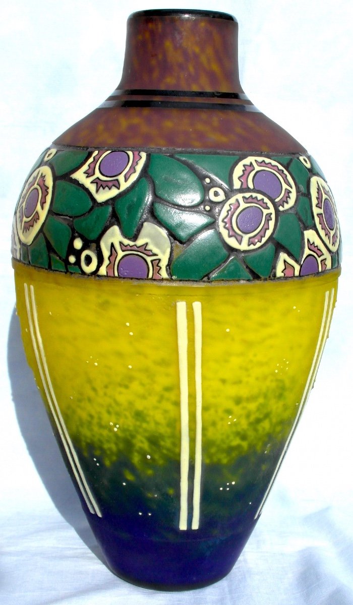 Beautiful Large Art Deco Vase With Stylized Flower Decor By Delatte, Daum Galle Era 1920-photo-2