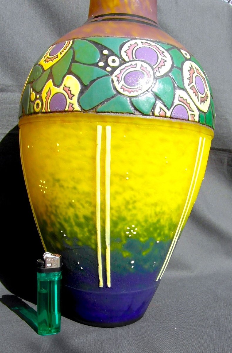 Beautiful Large Art Deco Vase With Stylized Flower Decor By Delatte, Daum Galle Era 1920-photo-3