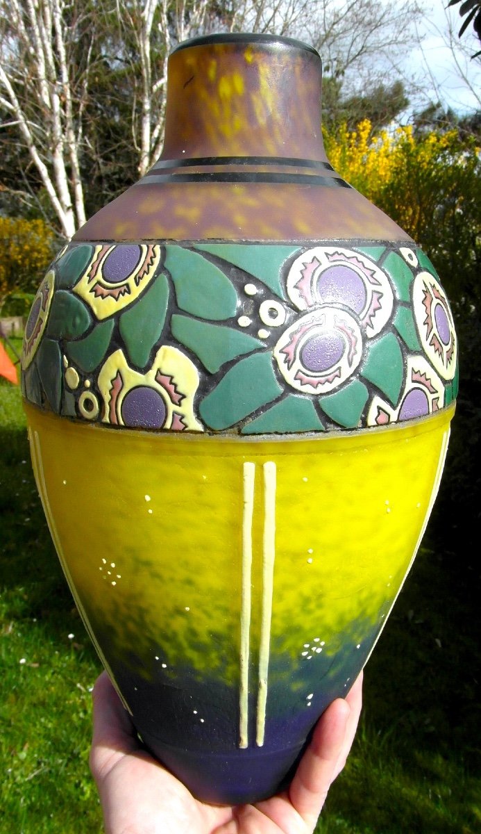 Beautiful Large Art Deco Vase With Stylized Flower Decor By Delatte, Daum Galle Era 1920-photo-4