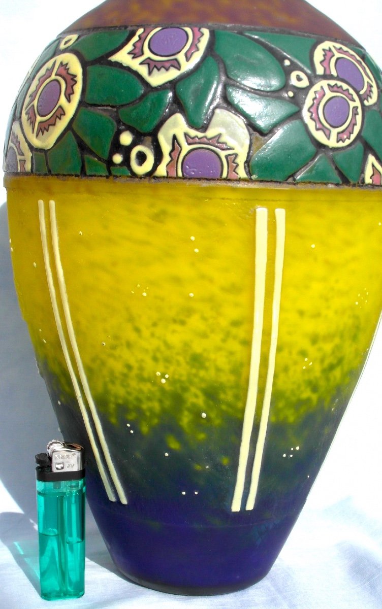 Beautiful Large Art Deco Vase With Stylized Flower Decor By Delatte, Daum Galle Era 1920-photo-5