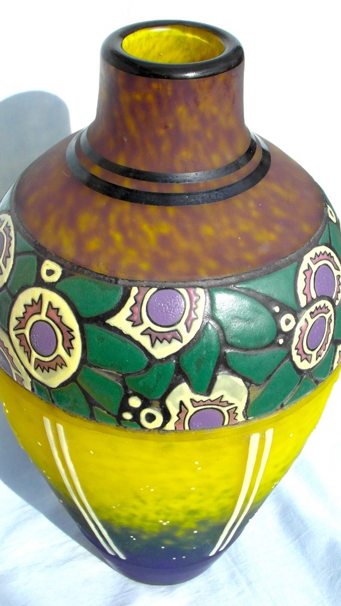 Beautiful Large Art Deco Vase With Stylized Flower Decor By Delatte, Daum Galle Era 1920-photo-6