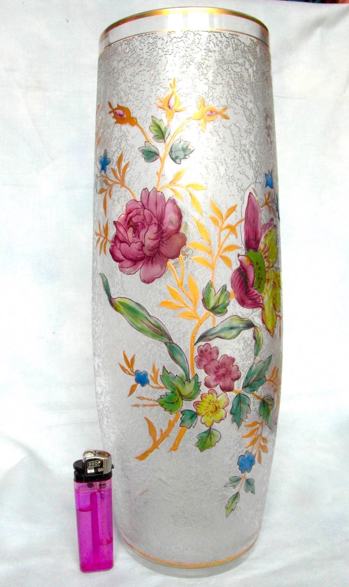 Large Engraved Vase "flowers And Butterfly" By Baccarat, Daum Era Daum Galle 1900-photo-2