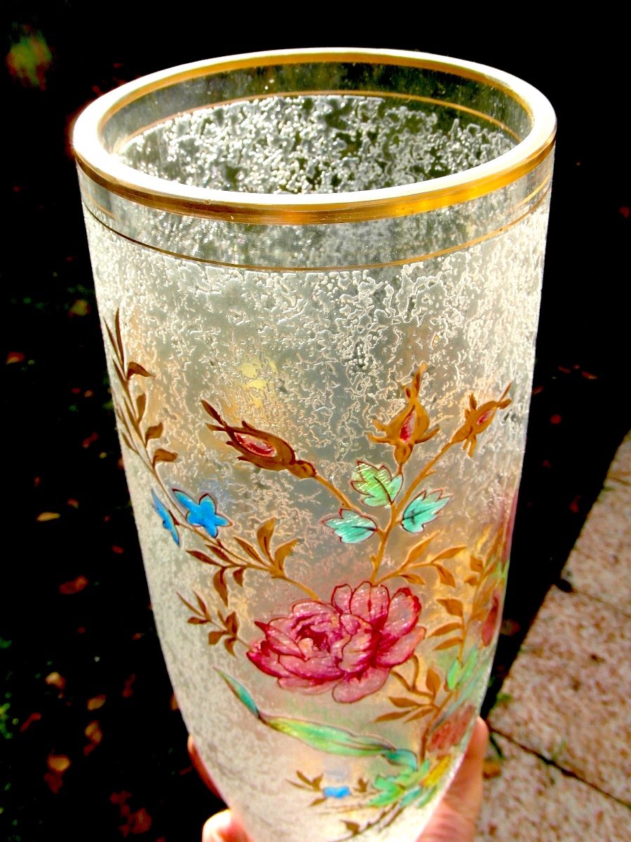 Large Engraved Vase "flowers And Butterfly" By Baccarat, Daum Era Daum Galle 1900-photo-8