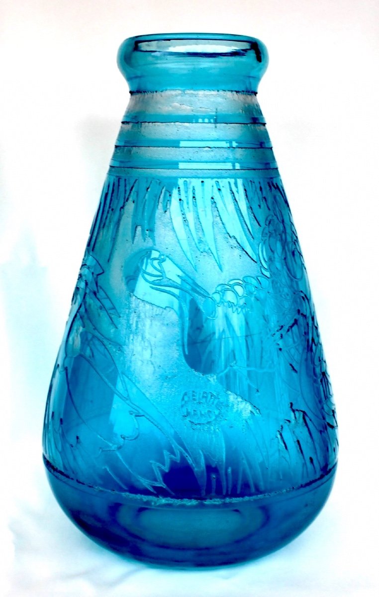 Gros Vase Art-déco à Décor d'échassiers Par DELATTE, 35 cm, Era Daum Lalique Muller-photo-2