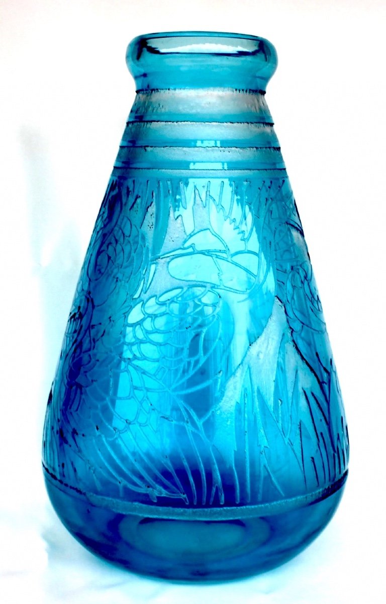 Gros Vase Art-déco à Décor d'échassiers Par DELATTE, 35 cm, Era Daum Lalique Muller-photo-1