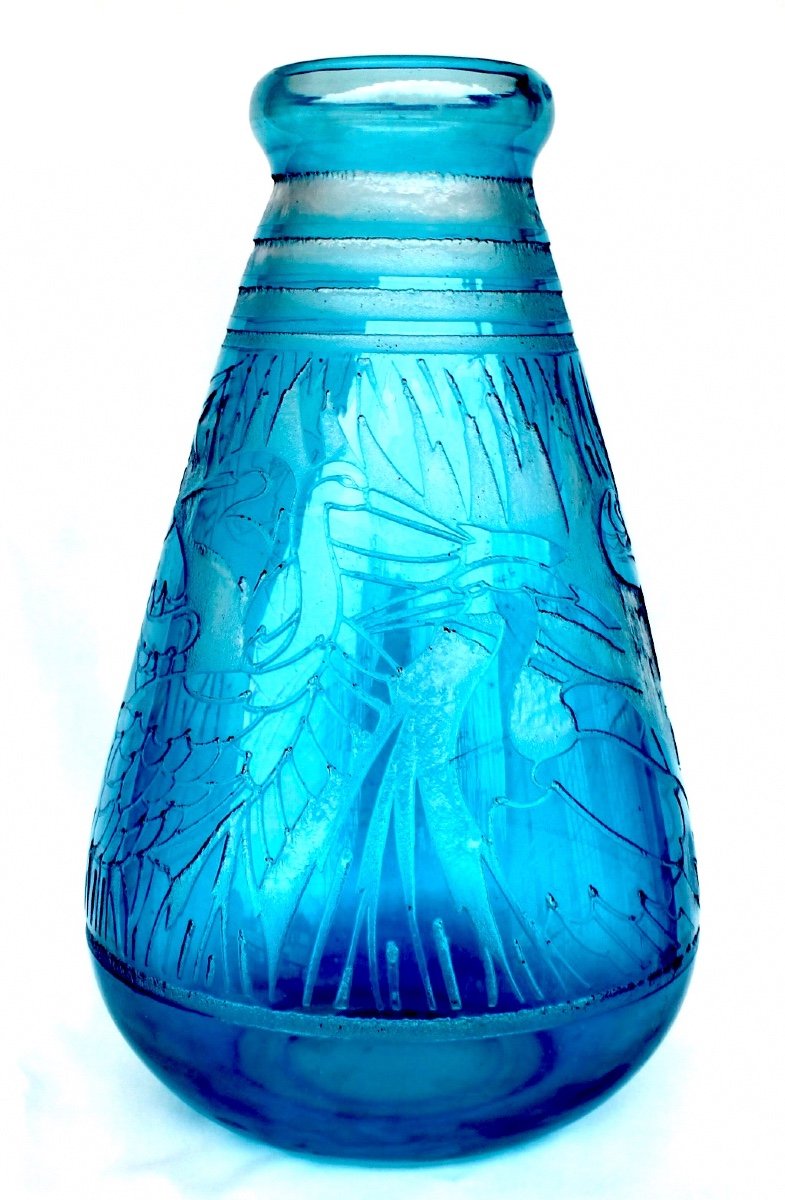 Gros Vase Art-déco à Décor d'échassiers Par DELATTE, 35 cm, Era Daum Lalique Muller