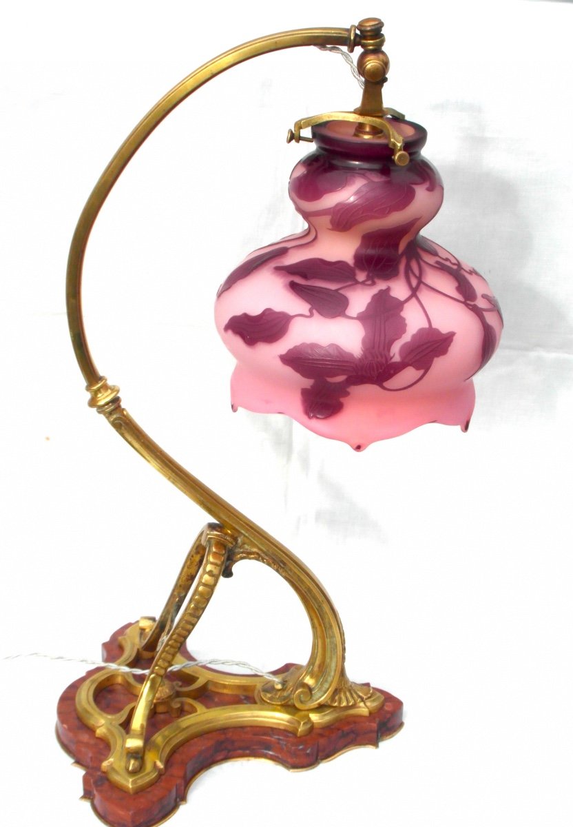 Lampe Gallé Avec Grosse Tulipe Aux Clématites, Festonnée à Chaud, Era Daum 1900-photo-2