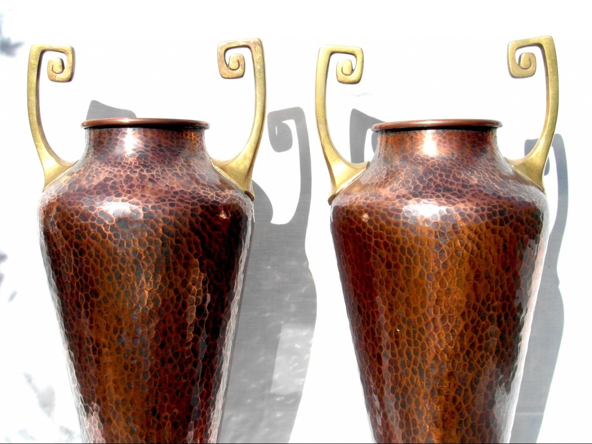 Large Pair Of 1900 Copper Vases Wmf, 50 Cm, Perfect, Era Dinanderie Jugenstil Daum Dunand-photo-1