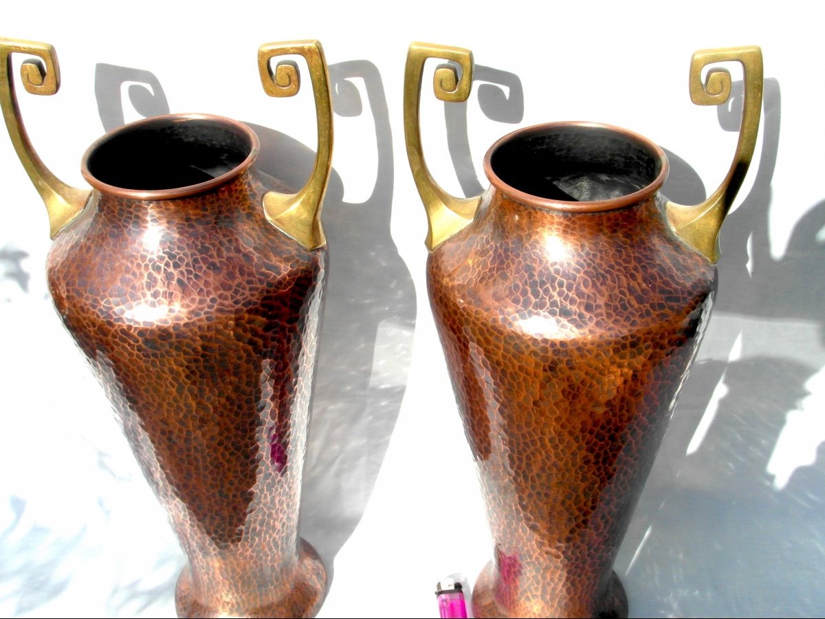 Large Pair Of 1900 Copper Vases Wmf, 50 Cm, Perfect, Era Dinanderie Jugenstil Daum Dunand-photo-4