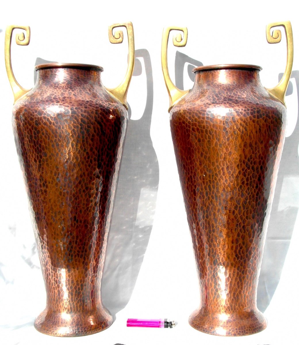 Large Pair Of 1900 Copper Vases Wmf, 50 Cm, Perfect, Era Dinanderie Jugenstil Daum Dunand