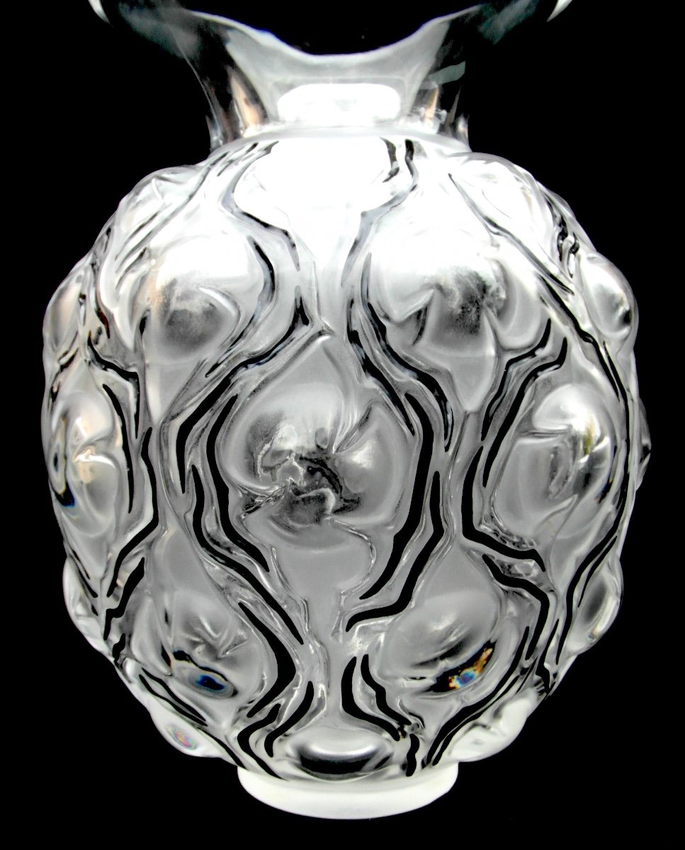 Vase En Cristal Et émail Noir Par Lalique, Modèle "thorns", Era Daum Baccarat Saint-louis-photo-2