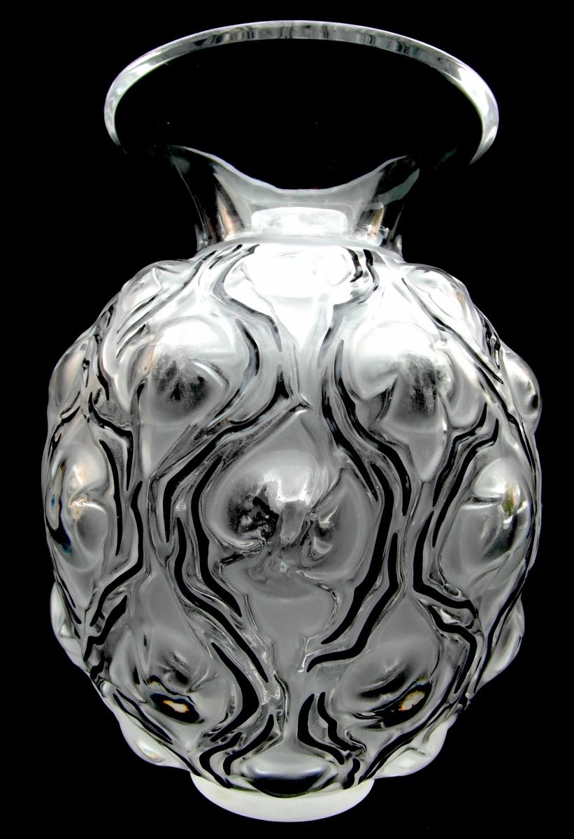 Vase En Cristal Et émail Noir Par Lalique, Modèle "thorns", Era Daum Baccarat Saint-louis-photo-3