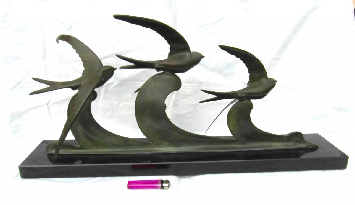 Large Bronze Subject "swallows In Flight" By J.brault, Perfect, 70 Cm, Art-deco Barye Era-photo-2