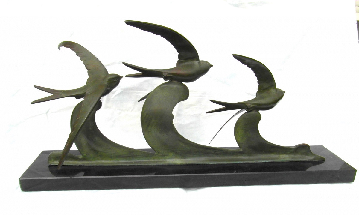 Large Bronze Subject "swallows In Flight" By J.brault, Perfect, 70 Cm, Art-deco Barye Era-photo-1