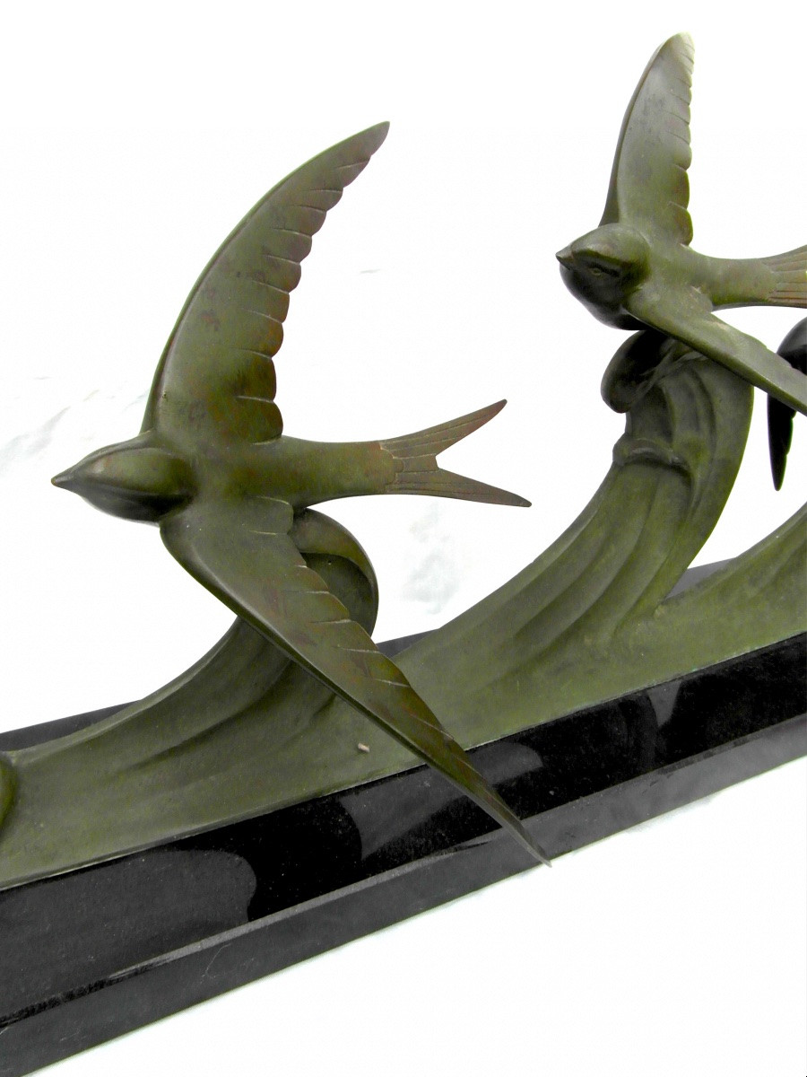 Large Bronze Subject "swallows In Flight" By J.brault, Perfect, 70 Cm, Art-deco Barye Era-photo-2