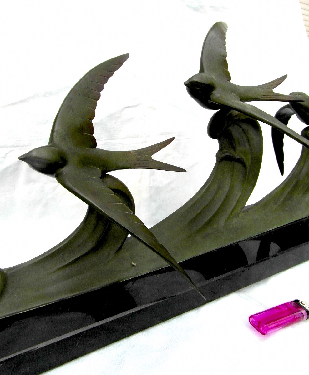 Large Bronze Subject "swallows In Flight" By J.brault, Perfect, 70 Cm, Art-deco Barye Era-photo-3